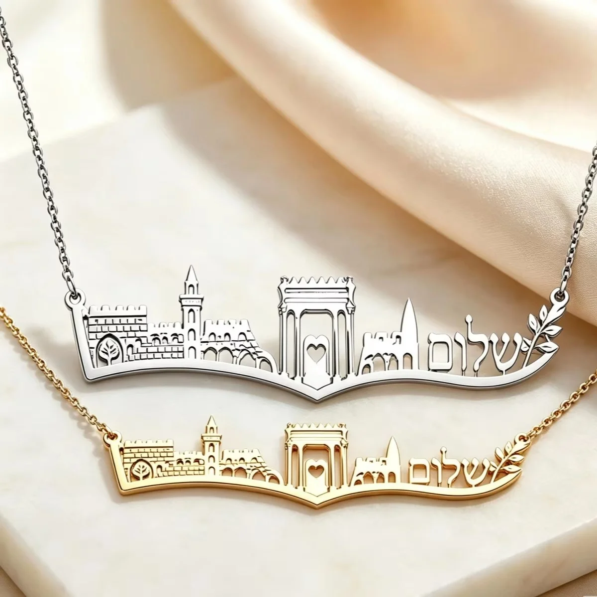 Neu eingetroffen: Edelstahl-Halskette mit Jerusalem-Burg-Landschaft, Vintage-Tempel-Umriss-Choker für Damen, religiöser Schmuck – Detail 5