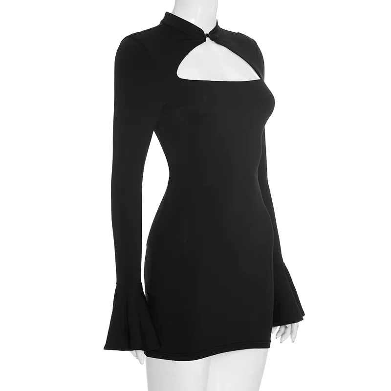2026 Neu eingetroffen: Sexy figurbetontes Kleid mit Ausschnitt am Kragen, langen ausgestellten Ärmeln und schmaler Bleistift-Mini-Silhouette – perfekt für Club, Party und besondere Anlässe – Detail 8