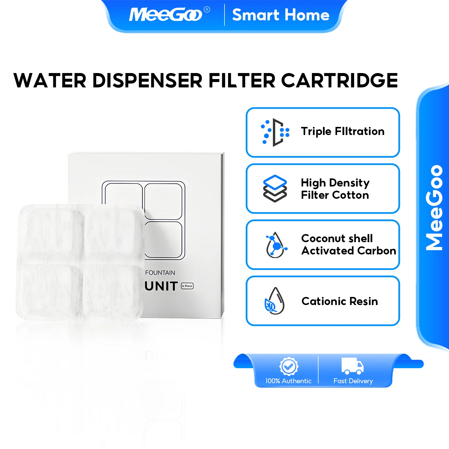 MeeGoo Pet Water Fountain Filter 6 Pack, 3 Layer Filtration, Activated Carbon, App Reminder, for Dog Cat Drinking Fountain