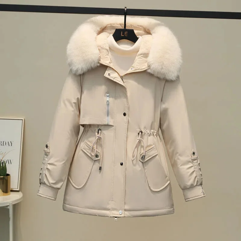 Abrigo grueso de longitud media con capucha para mujer, parka holgada con cuello de piel grande, ropa de nieve cálida para invierno, novedad de 2023