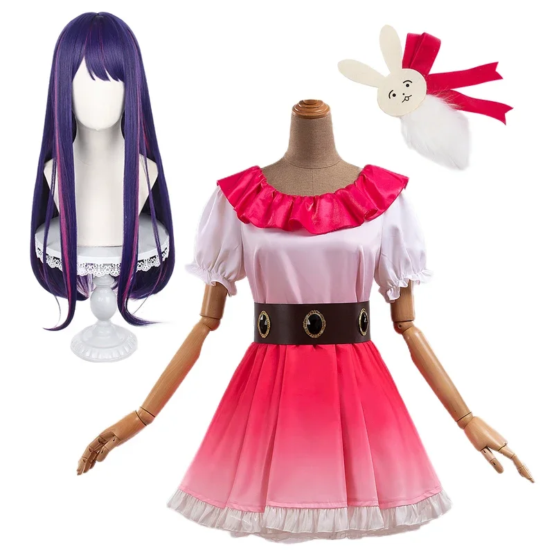 

FC6HOLOUN OSHI NO KO Anime Ai Hoshino Cosplay Costume Wig Gradient Pink Dress Skirt Bunny Hairpin Casual Wear Rose Net Synt@FC8！