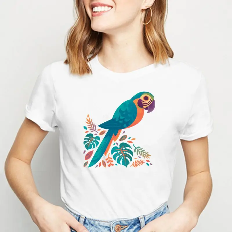 Parrot Print Women t shirt  Plus Size kawaii t-shirt Ladies Short Sleeve  White Tee Shirt Tops Camisetas Mujer HH1157