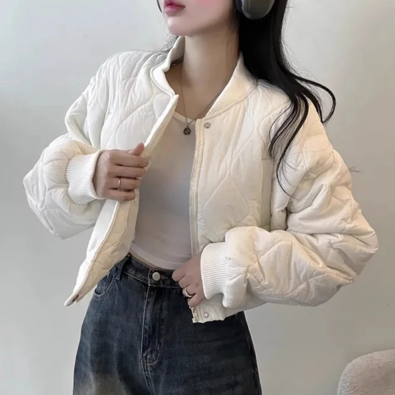 Korean Winter Simple Temperament Small Stand-up Collar Zipper Loose All-match Solid Long Sleeve Rhombus Cotton-padd Jacket Coat