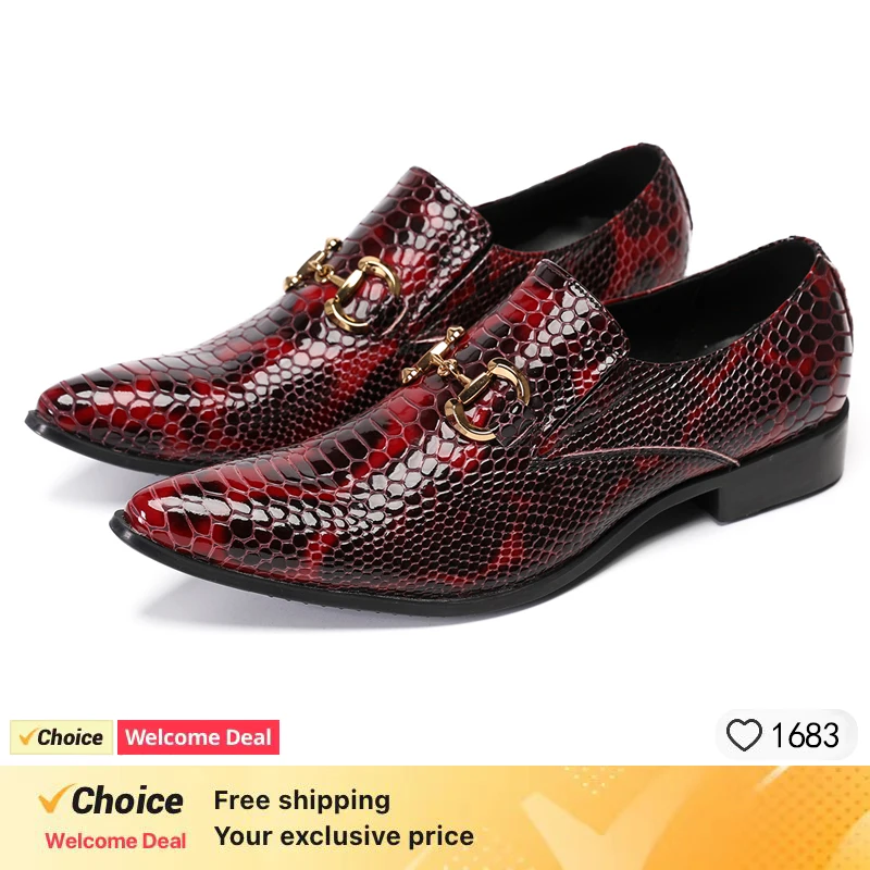 

Luxury brand men's Oxford shoes pointed snake print casual men's dress derby shoes red wedding party office leather shoes men