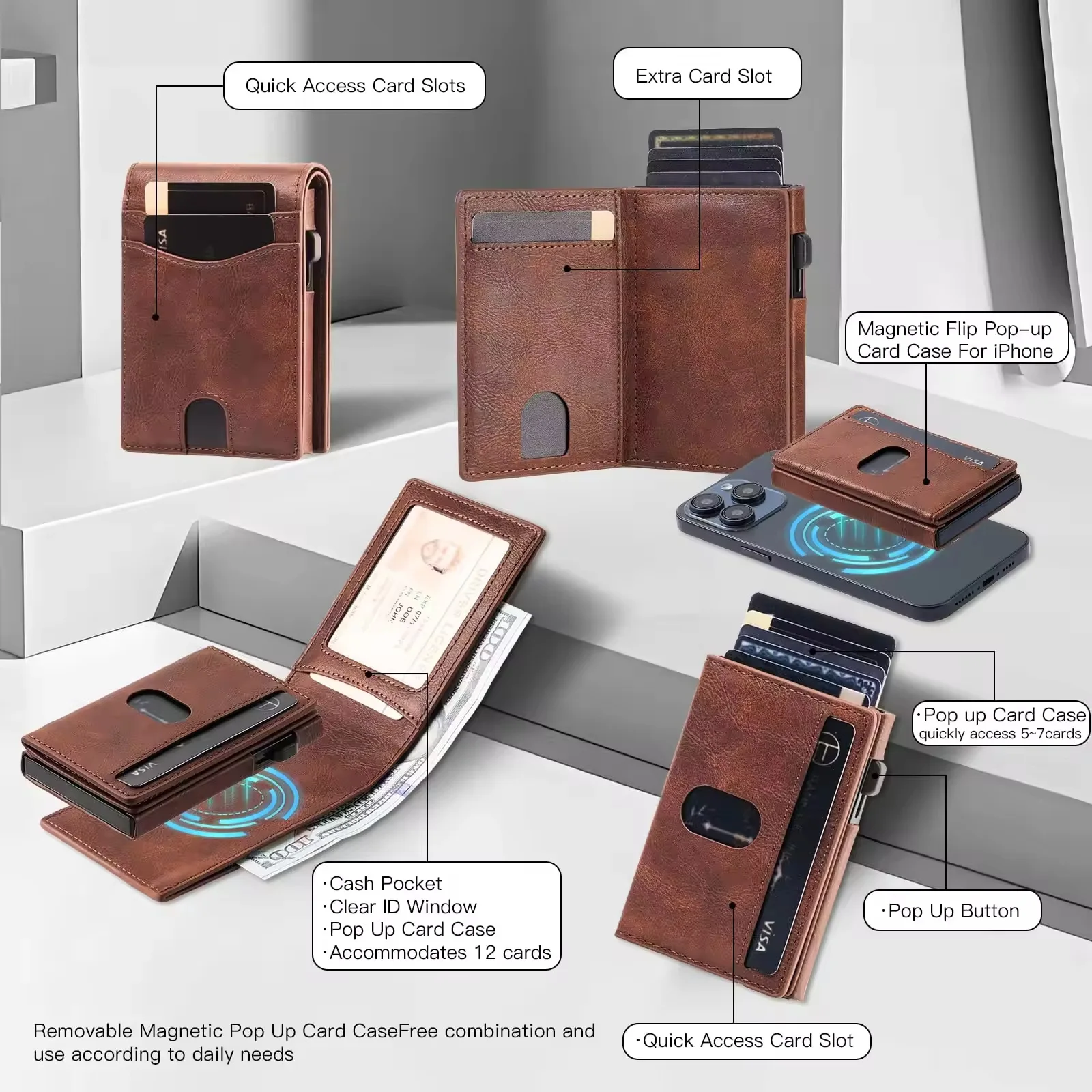 New magnetic separation metal credit card clip RFID anti-theft brush automatic elastic card leather men's card bag