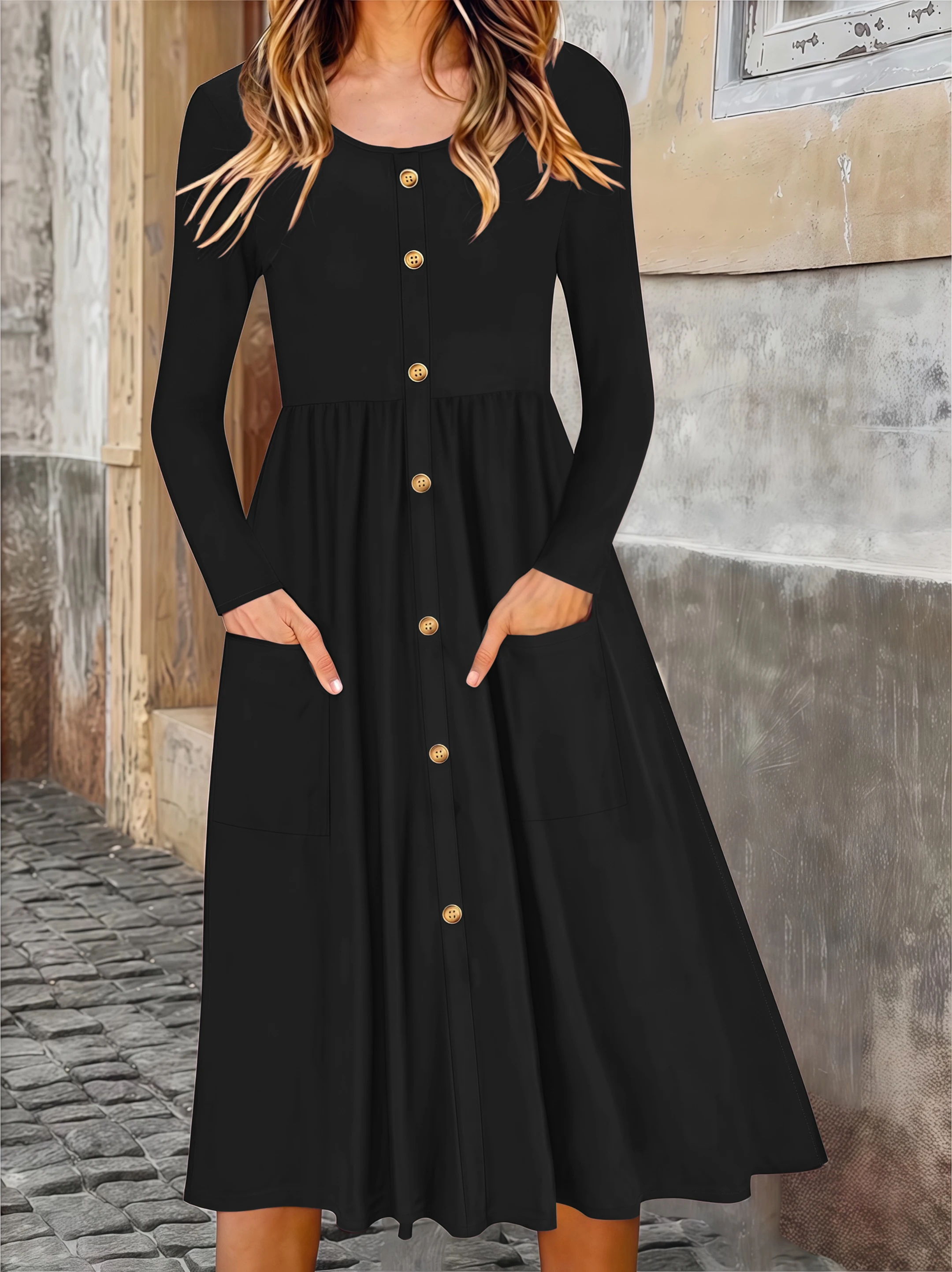 

Элегантное однотонное женское платье средней длины с круглым вырезом и длинными рукавами на пуговицах, большие размеры на осень