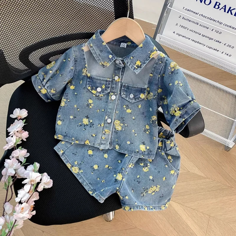 

Girls' Soft Denim Suit2026Summer new style floral short-sleeve shirt with collar and denim shorts two-piece set