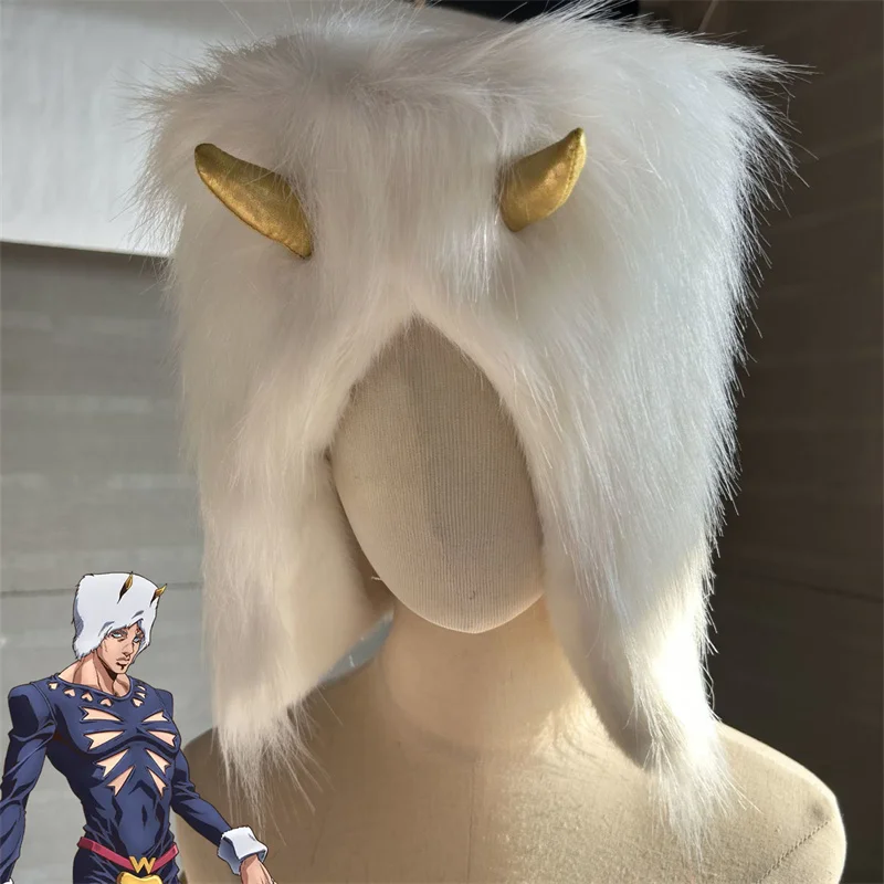 

Anime JoJo Weather Report Cosplay Hat Unisex Cap White Plush Horned Adult Headwear Accessories For Party Daily Role Play Prop