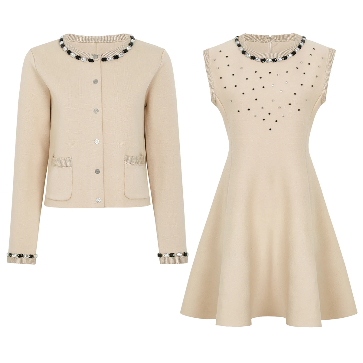 

2666 High Quality New Fashionable Complex Nail Bead Elastic Knitted Long Sleeved Top Cardigan+sleeveless Dress Women Set