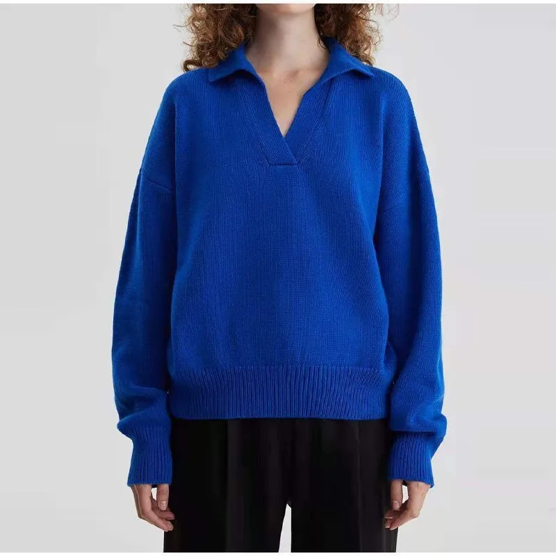 Jocoo Jolee Green Chic Women Polo Collar Knitted Pullover Casual Oversize Female Sweater Solid Color V Neck Jumper Streetwear