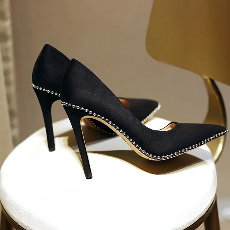 

Chic Ladies bling beadings Sole High Heel Sexy Black khaki Pointed Toe Wedding Pumps Thin Heels Banquet Party Single Shoes