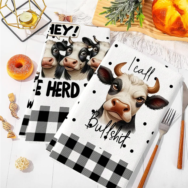 2枚セット、黒と白のチェック柄面白い牛柄キッチンタオル、40 - Kitchen Baking Cloth のレビューと価格