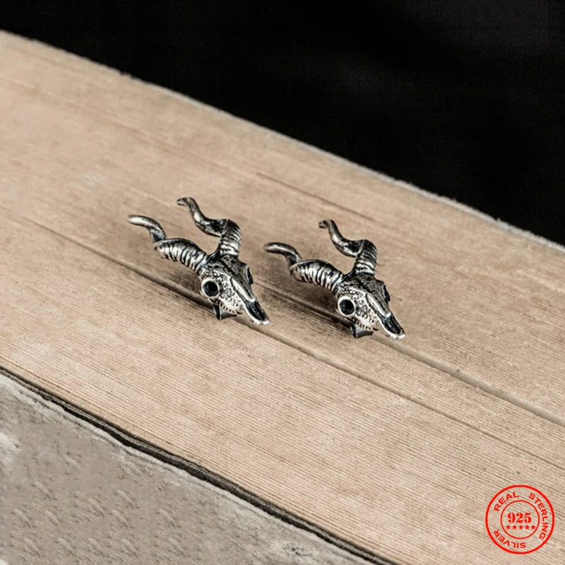 YIZIZAI 100% 925 Sterling Silver Sheep Head Earrings for Women Men Vintage Gothic Punk Dark Style Studs Ear Jewelry Gifts