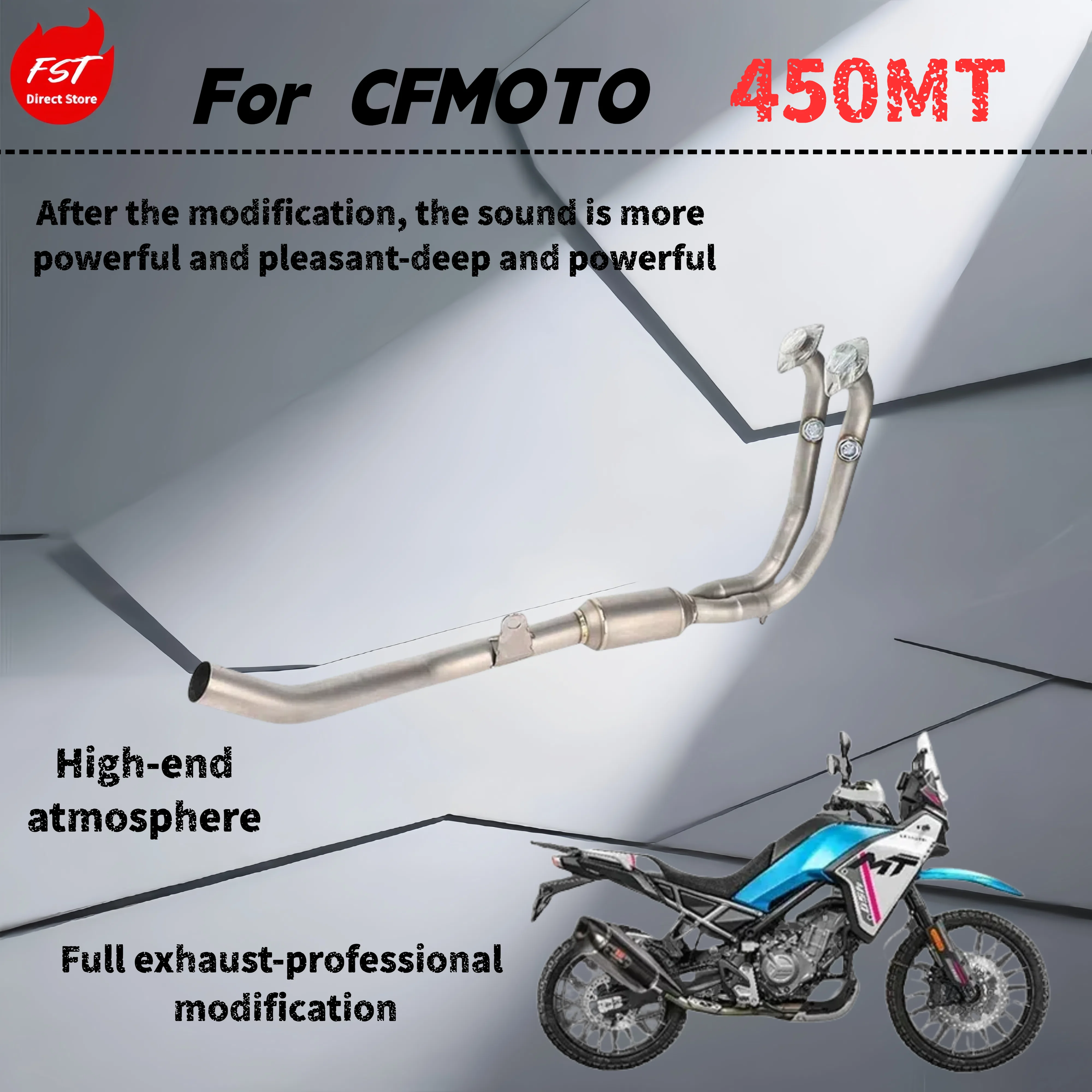 

Для CFMOTO 450MT-Модифицированная полная выхлопная труба-звук глубокий, толстый и мощный.