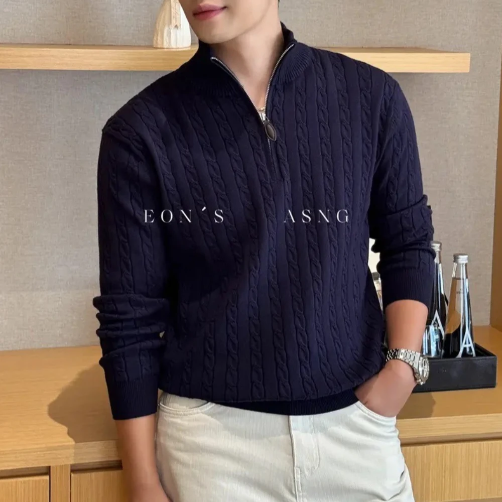 Striped Half Zipper Stand Up Collar Sweater Men's Long Sleeve Polo Collar Knitted Sweater Versatile Casual Business Pullover