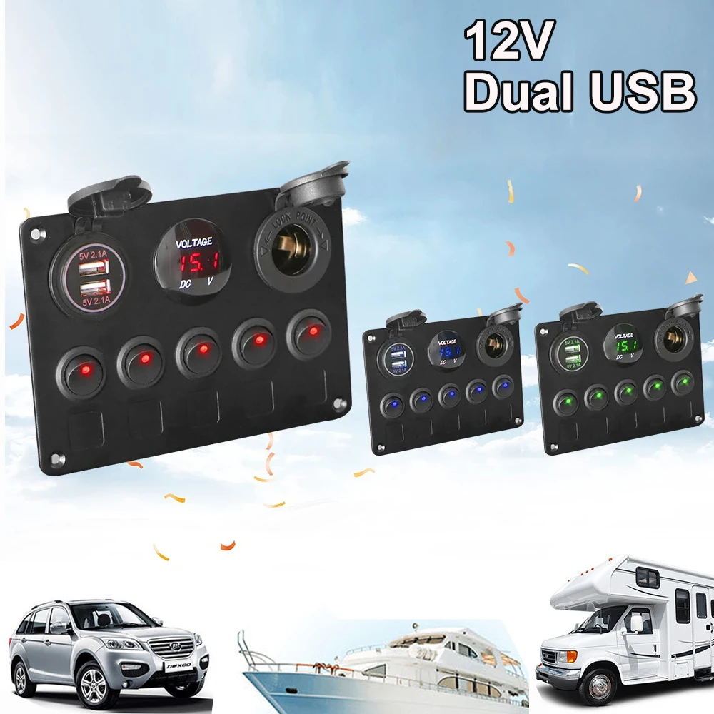 

12V Digital Voltmeter Switches Dual USB Port Outlet Combination LED 5 Switch Panel Waterproof For Car Marine Yacht Caravan Truck