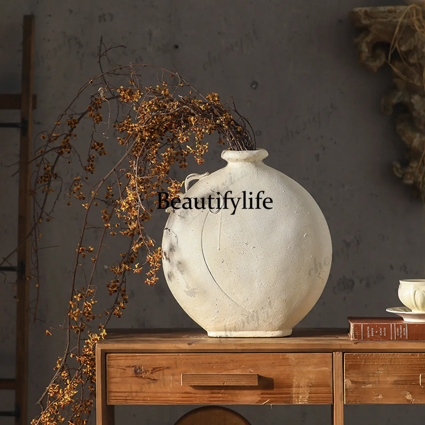 A4567French coarse pottery dried flower vase creative angel decoration retro engraved white desktop high-end flower arrangement