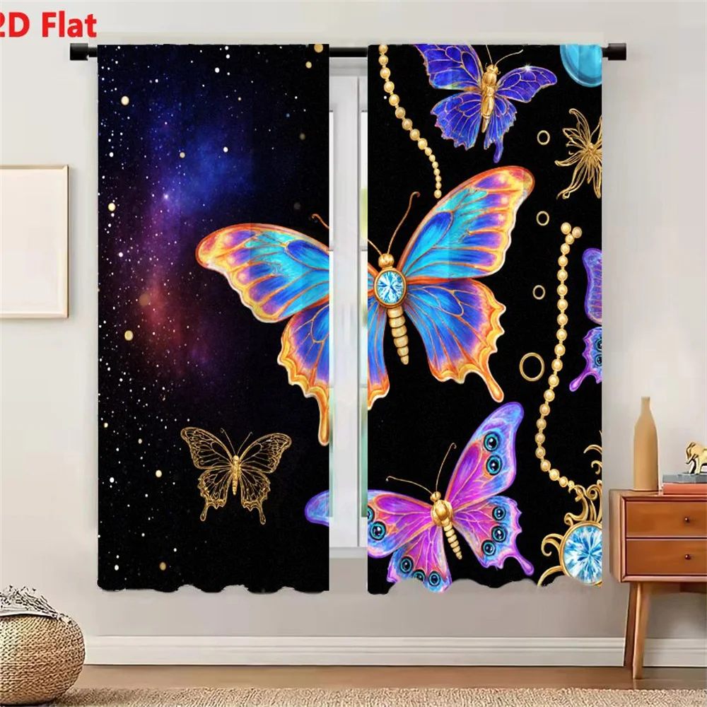 2Pcs Curtains 2D Flat Fantasy Starry Night Sky Nebula Golden Stars Ornate Butterfly Iridescent Blue Orange Wings Central Blue Ge