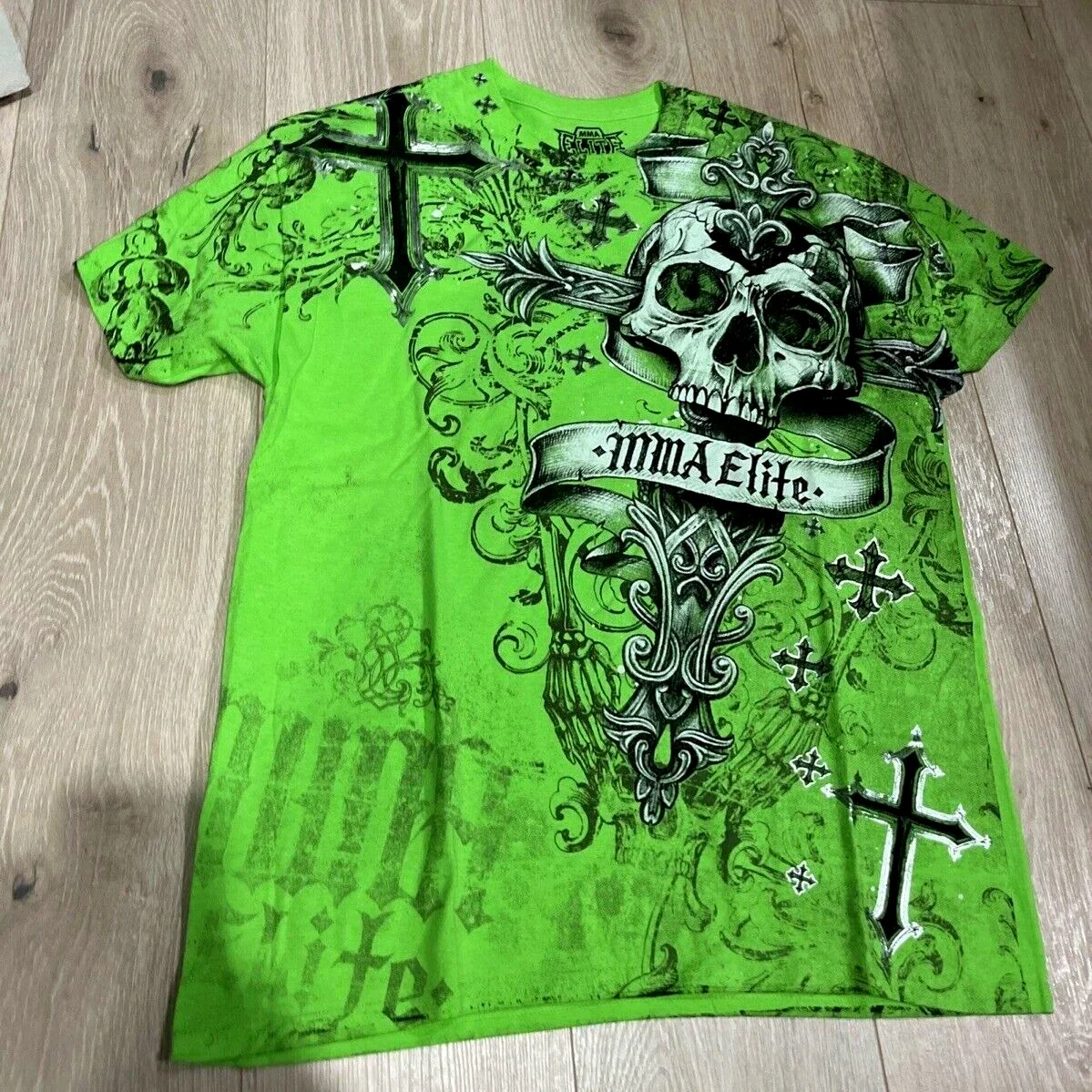 Y2K Gothic Skull Cross Print Men T-shirt Neon Green MMA Elite Graphic Tee Vintage Grunge Streetwear Short Sleeve Oversized Top