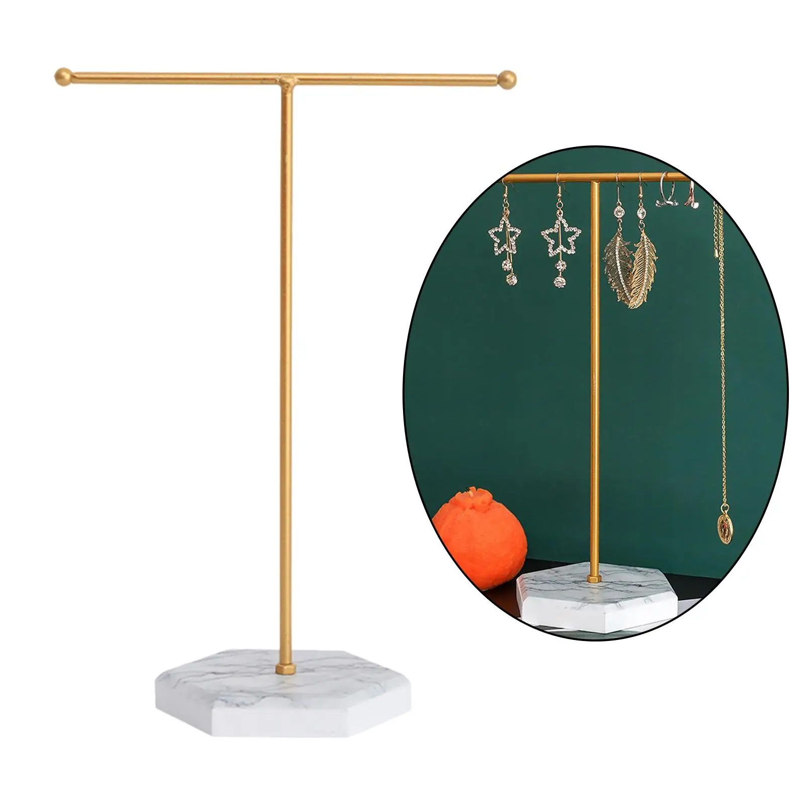 

Золотистая Т-образная подставка для украшений, металлический органайзер для серег с мраморным основанием для демонстрации аксессуаров на прилавке розничной торговли