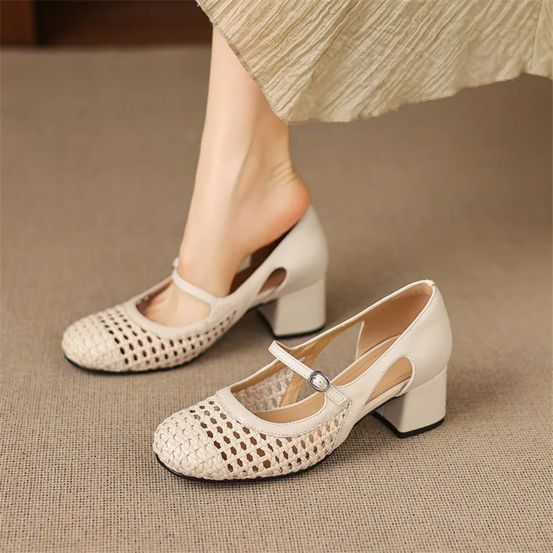 New Spring/Summer Split Leather Women Shoe Fashion Hollow-out Round Toe High Heel Shoes for Woman Handmade Women Mary Jane Shoes