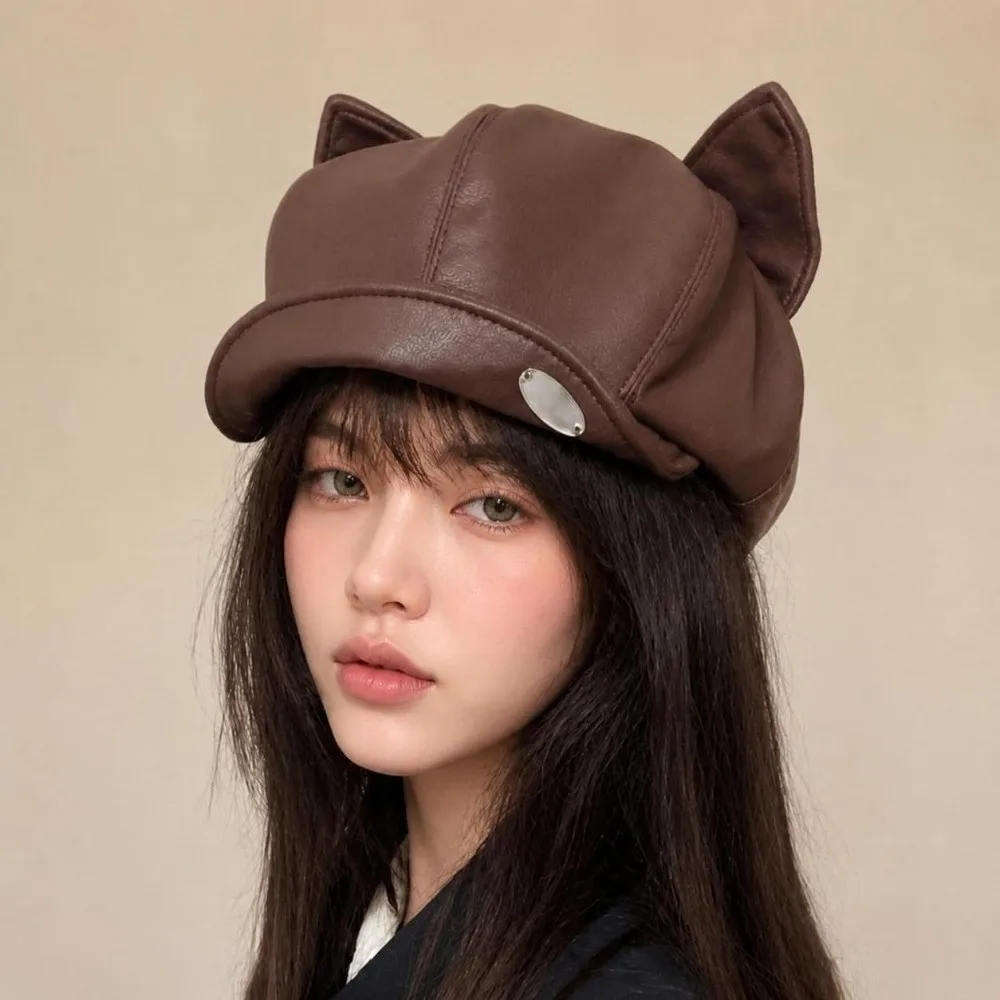 Elegant PU Leather Cat Ear Beret Cute Ear Design Retro Style Leather Beret Hat Black/Coffee Painter Hat All Seasons