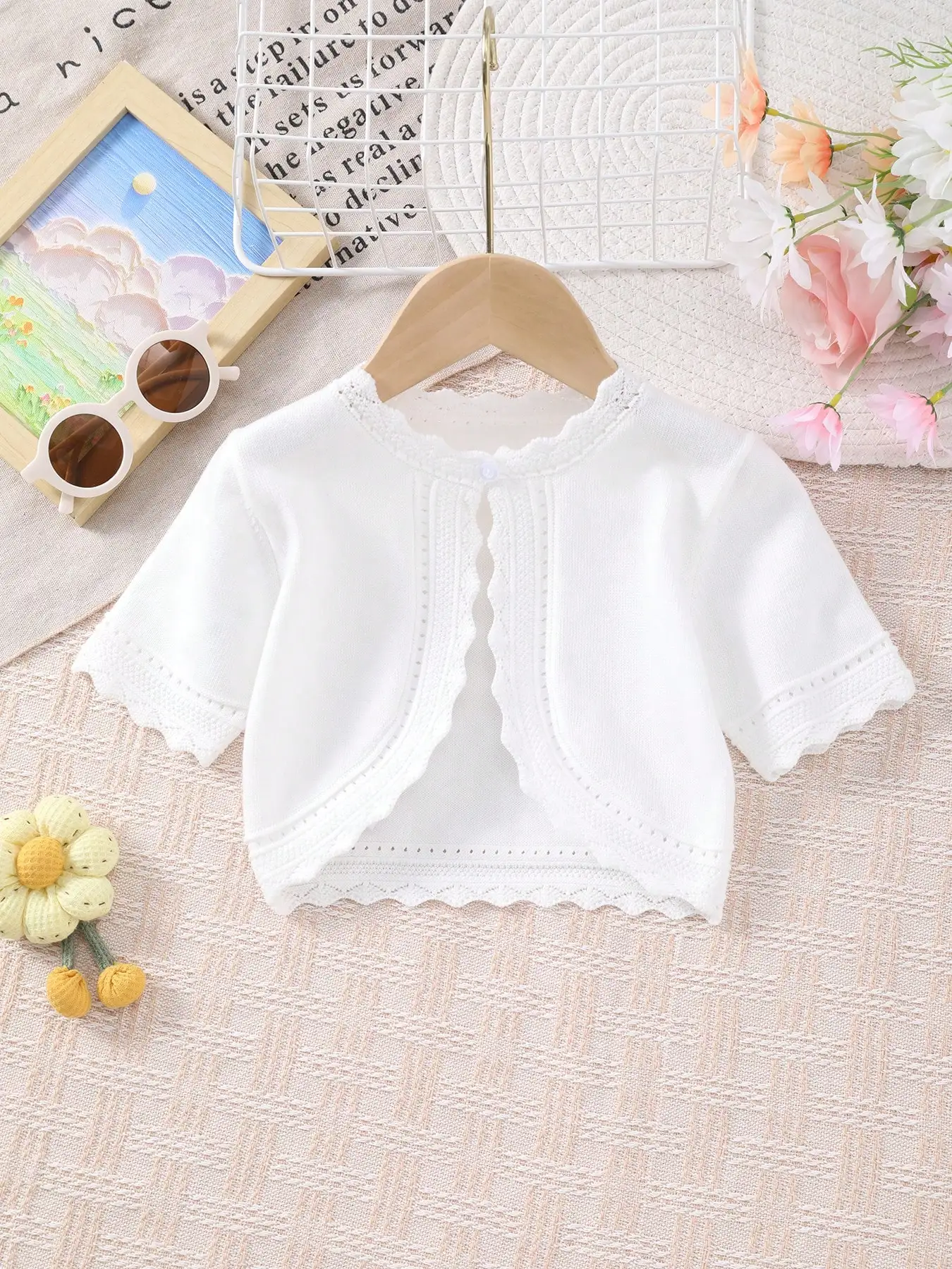 Baby Girl's Summer Elegant and Romantic Lace Trim Design Knitted Short-Sleeved Cardigan