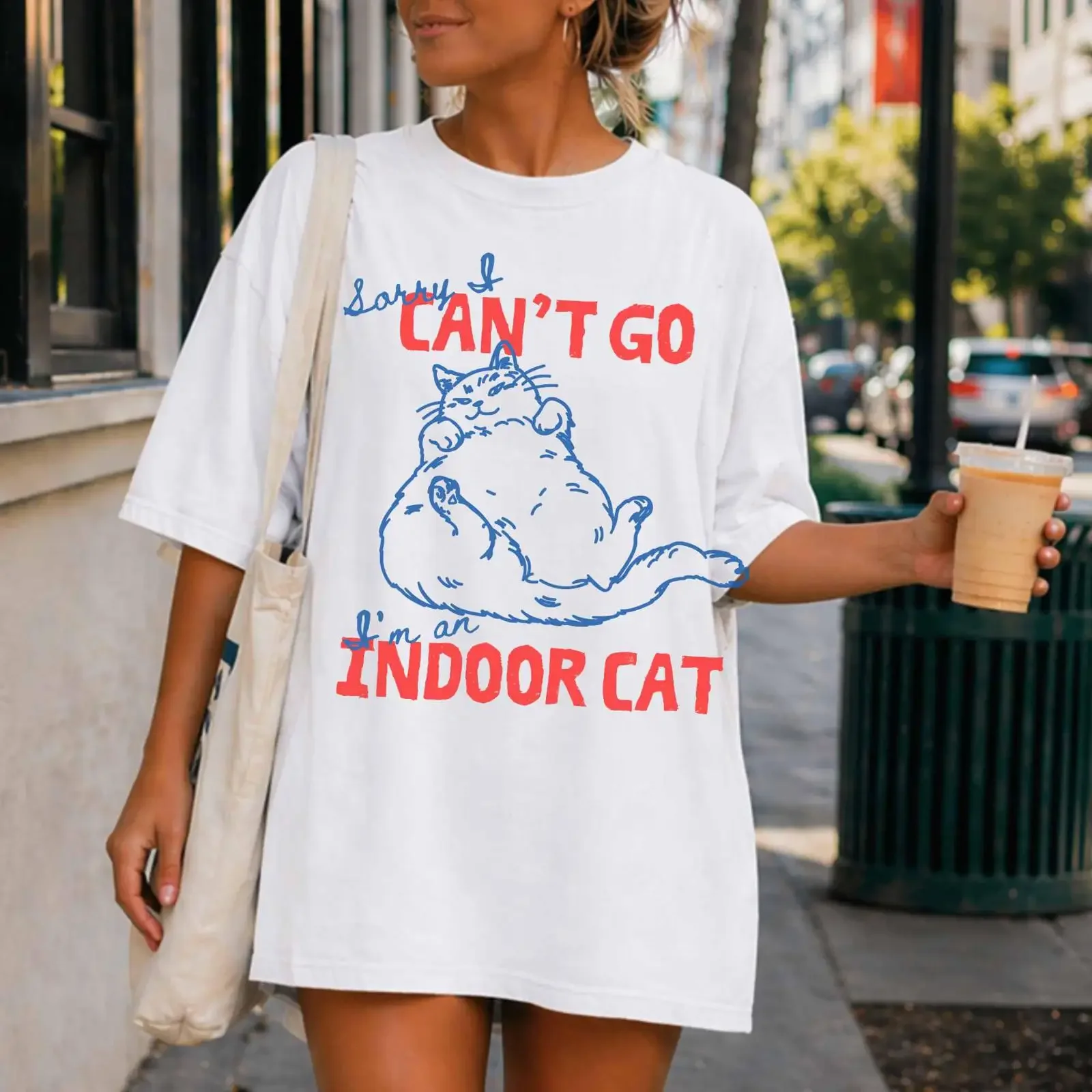 Indoor CaT T Shirt Funny Lover Sorry I Can't Go Cute Lazy Print Introvert Homebody Casual Lounge Wear  vintage Washed Soft