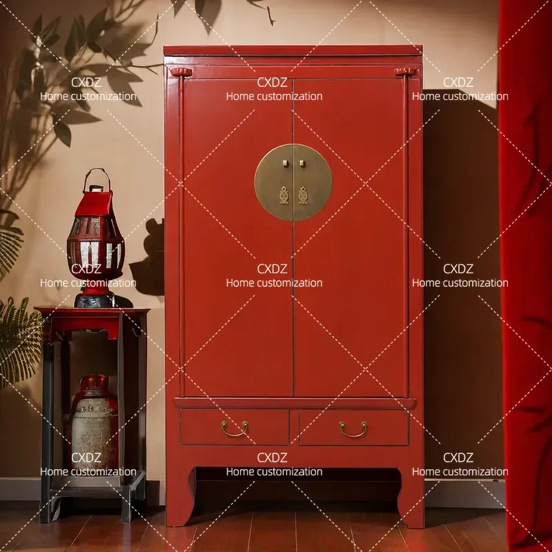 Tea room Chinese butterfly painted solid wood wardrobe B & B hotel bedroom storage wardrobe classical high cabinet