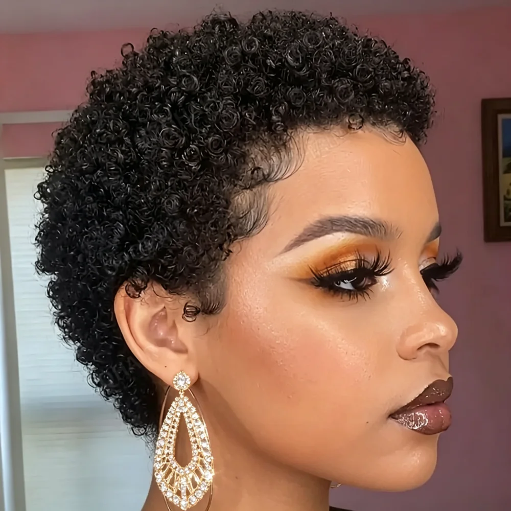Full Machine Made Human Hair Short Curly Wig, Tight Coily Short Cut Wig, Pre‑Plucked Natural Hairline for Daily Styling