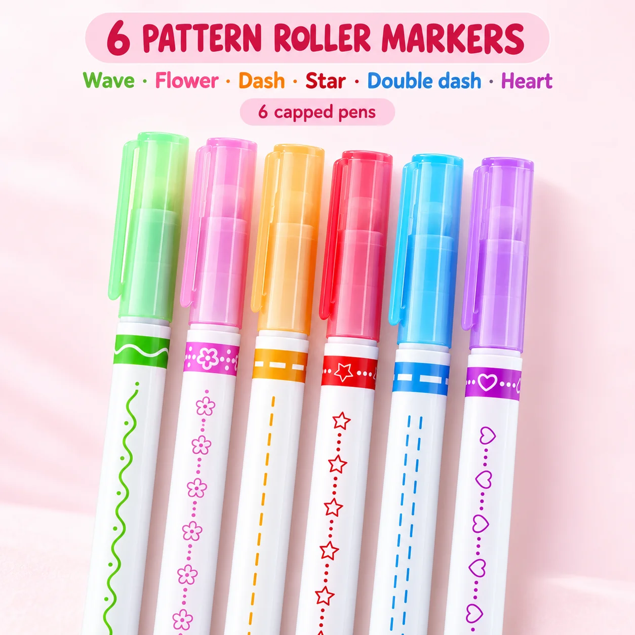 6 Pattern Roller Markers Set with Wave, Flower, Dash, Star, Double Dash and Heart