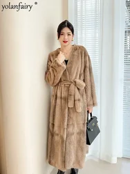 Silver Cross Real Mink Fur Coat Women's Knee Long Coats and Jackets for Women Fur Clothing V-Neck Lace Up Female Winter Jacket F