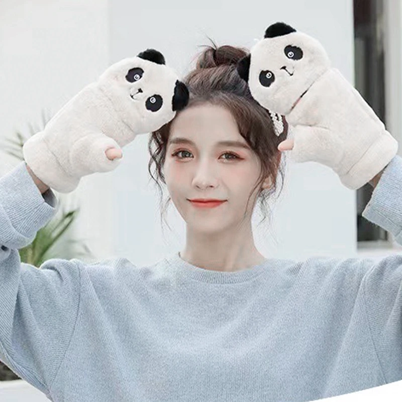 1 Pair Lovely Plush Panda Gloves Plush Mittens Warm Soft Plush Short Fingerless Fluffy Bear Gloves Costume Half Finger Gloves