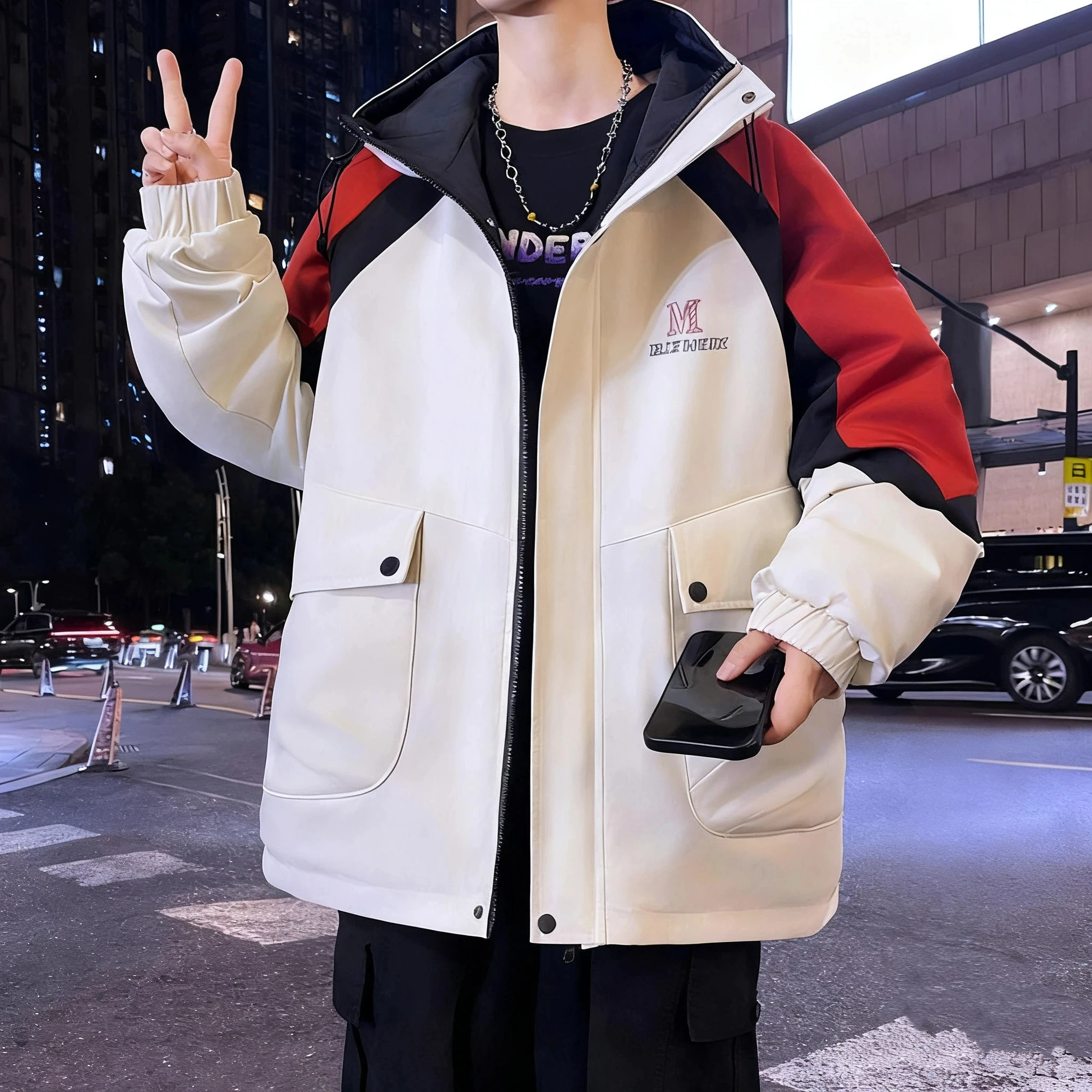 

Новинка 2025, мужская куртка с капюшоном на подкладке из шерпы, утолщенное зимнее пальто, дизайн с цветными блоками, молодежная повседневная верхняя одежда, теплая мужская куртка