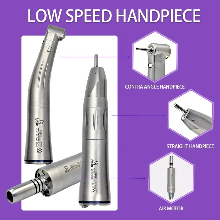 den tal Low Speed Handpiece Kits Fiber Optic Contra Angle 1:1 Push Button Blue Ring Air Motor Slow Speed Handpiece Set