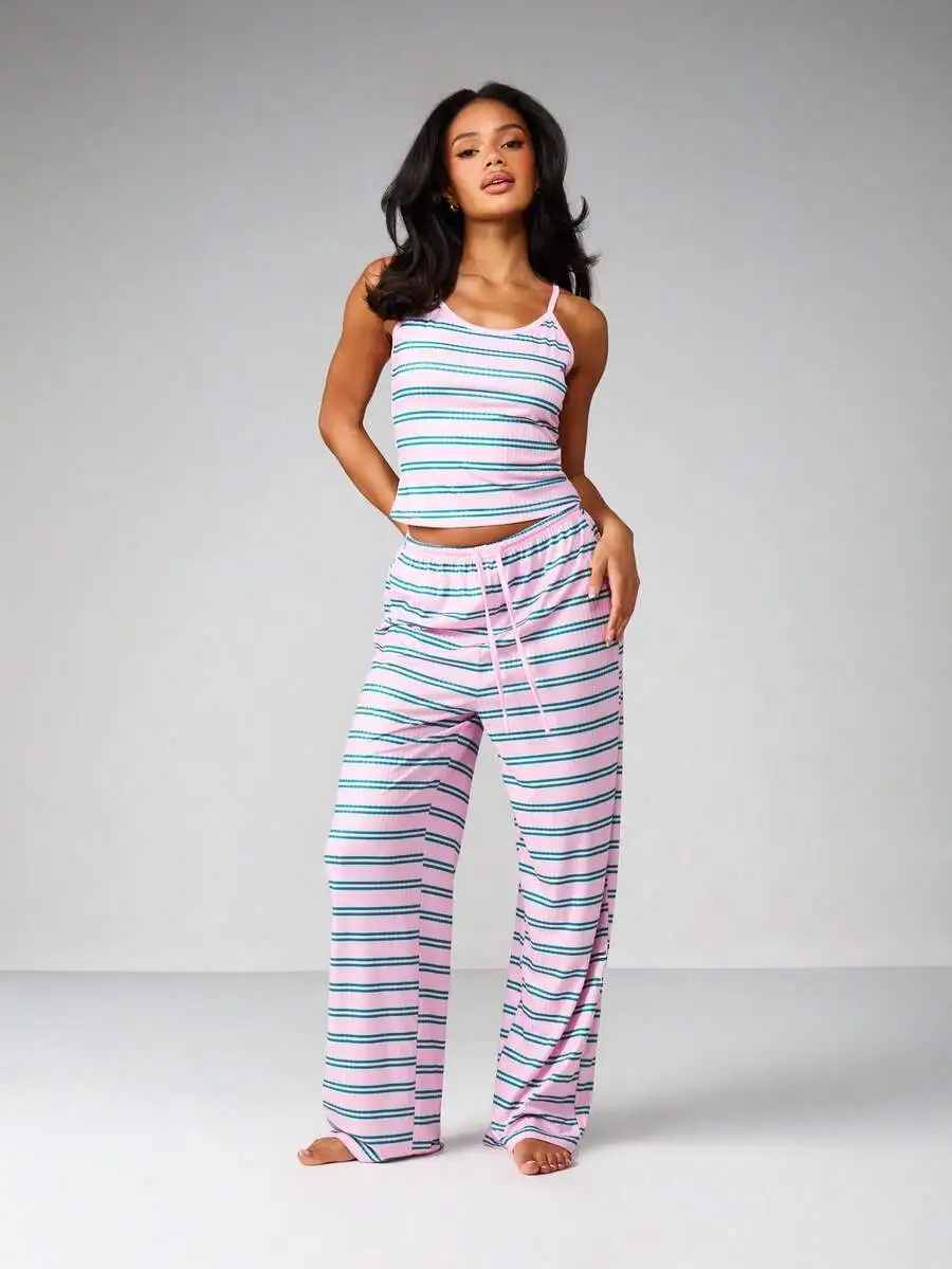 Pink And Teal Striped Ribbed Tank Top With Matching Wide Leg Lounge Pants Featuring Elastic Waist And Drawstring