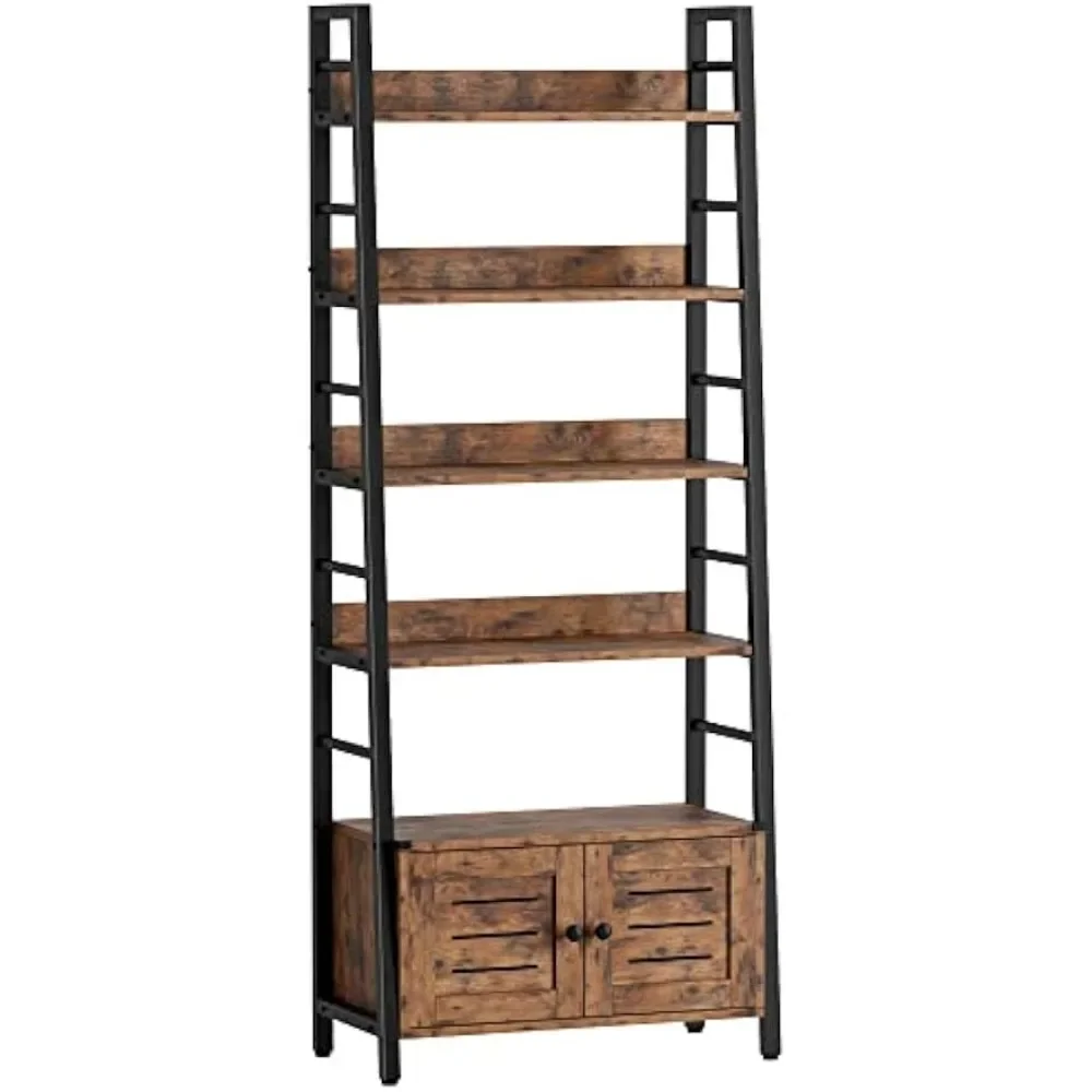 

Bookshelf with Louvered Doors, 4-tier Ladder Shelf with Cabinet Industrial Accent Furniture for Bedroom Living Room Home Office