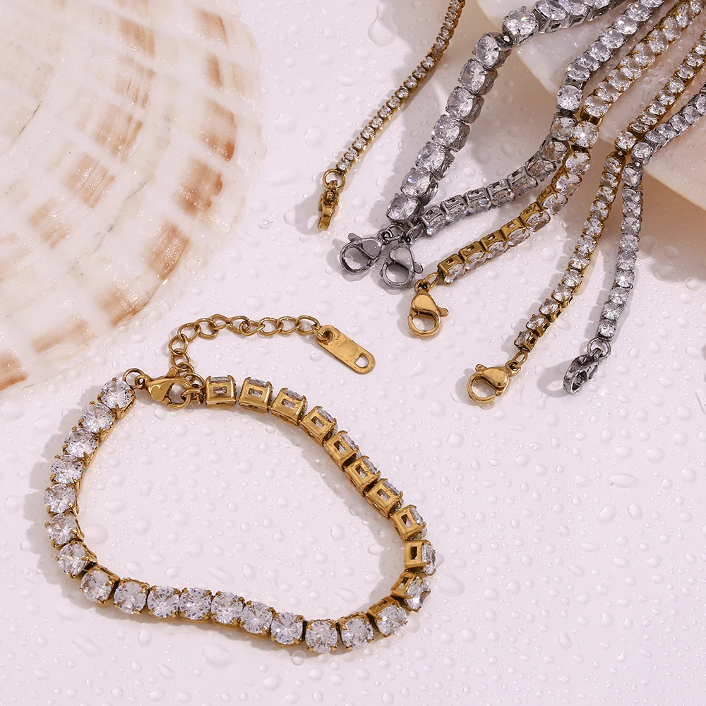 E.B.belle Popular Shiny Zircon Gold Silver Color Stainless Steel Different Width Tennis Bracelet Waterproof Jewelry For Woman