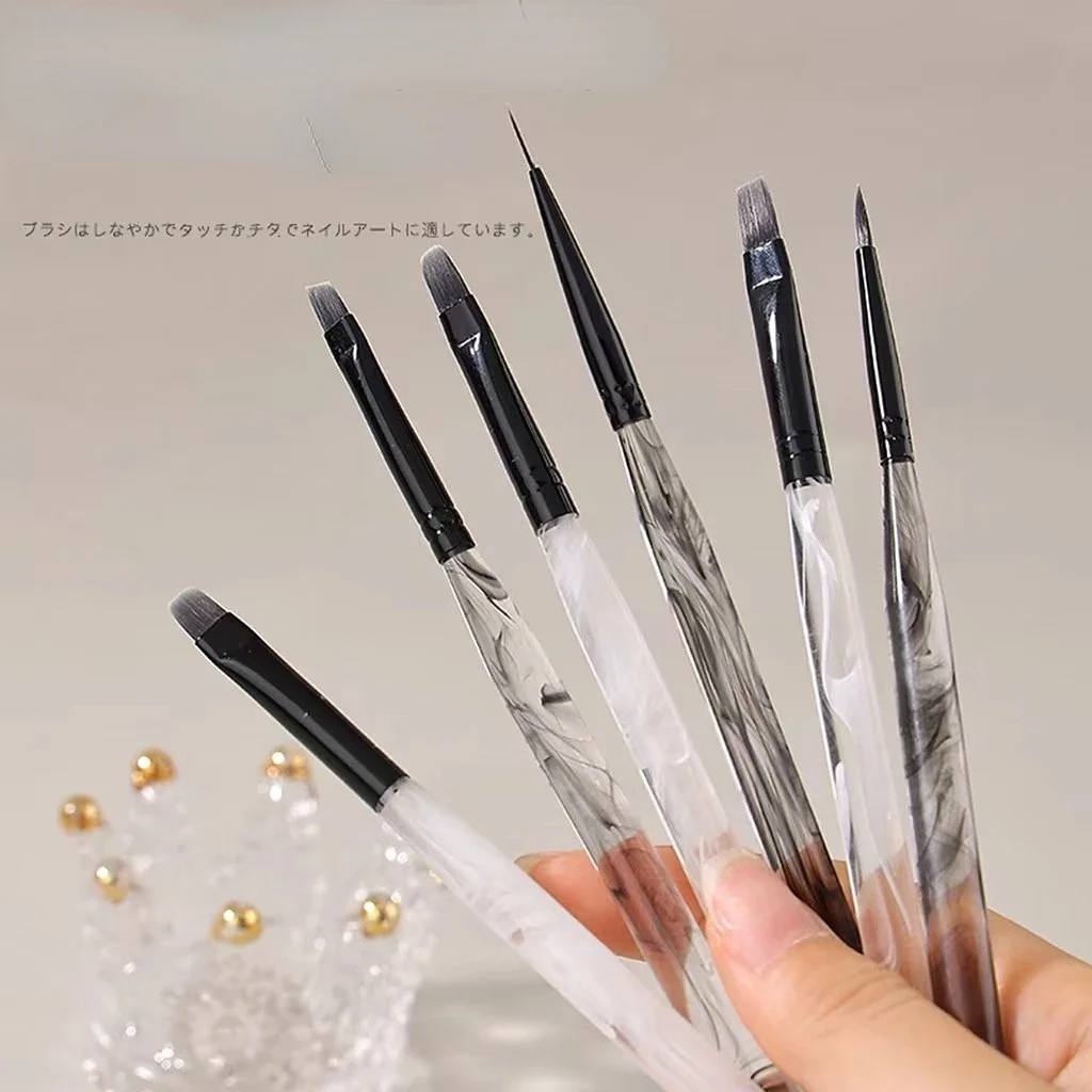 6pcs Acrylic Ink Style White Black Nail Burshes Simple Pretty Manicure Nail Art Practical Nail Tools Gel Liquid Powder Brushes