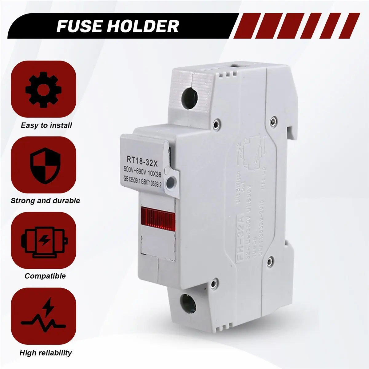 #48L RT18-32X AC 380V 32A 1 Pole 10x38mm DIN Rail Mount Fuse Holder Base,Fuse Holder,(Plastica)