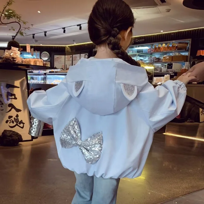 Girls' Bow Fashion Jacket 2025 Autumn New Style Children's Stylish Girls' Glitter Hooded Jacket Top 90-160CM