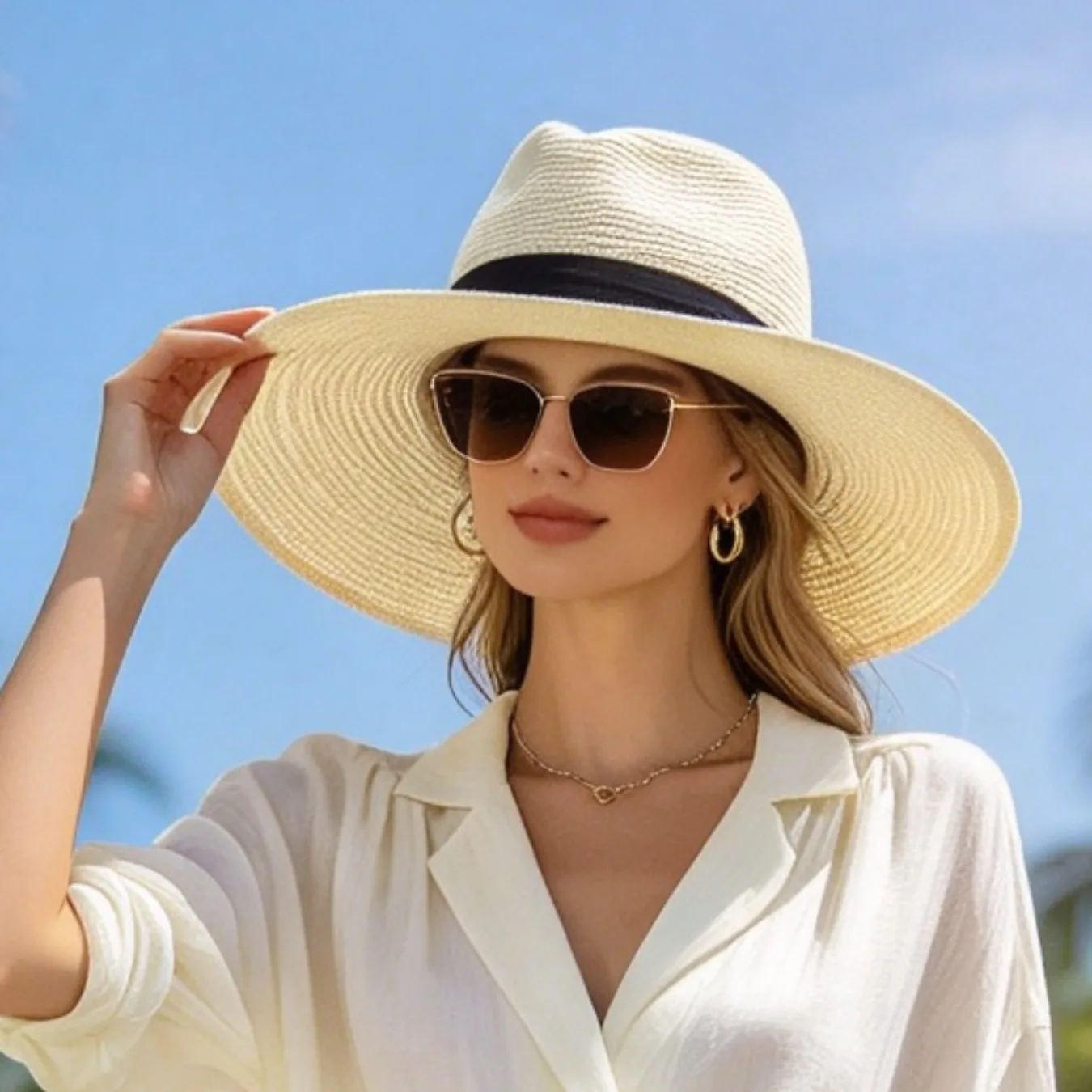 Classic Fedora Inspired Panama Straw Hat For Women Foldable Hat Adjustable Design For Beach Trip And Outdoor Lawn Travel
