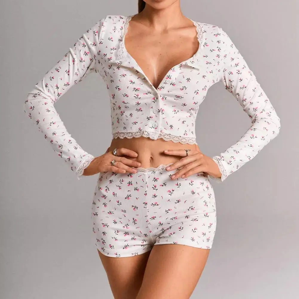 

1 комплект, женская одежда для сна, сексуальный облегающий кардиган с кружевной отделкой, короткие штаны с принтом, модный свободный повседневный короткий домашний комплект с длинными рукавами