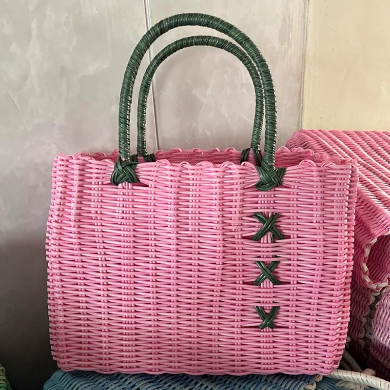 المنسوجة يدويا Wier مقبض سلة الخضار سلة فاكهة في الهواء الطلق نزهة المرجع سلة اليدوية Crt سلة التخزين البلاستيكية