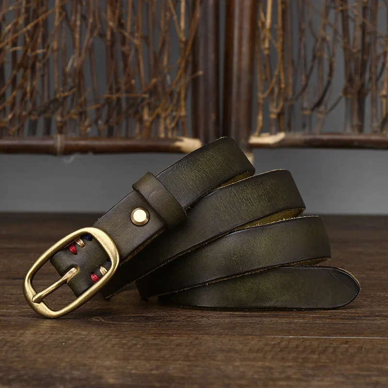 2.3CM wide fashion retro distressed pleated belt female leather top layer cowhide  women's pin buckle belt
