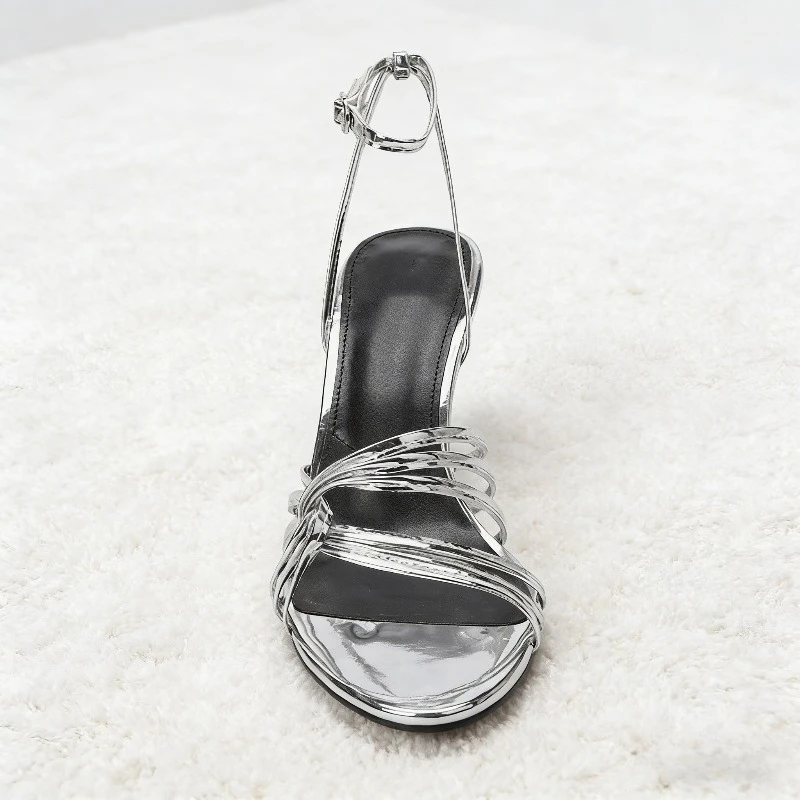 

Silver Round-Toe Heel Sandals for Women Sexy Open-Toe Ankle-Strap Buckle Designer Shoes Elegant Stiletto Slingback Dress Shoes