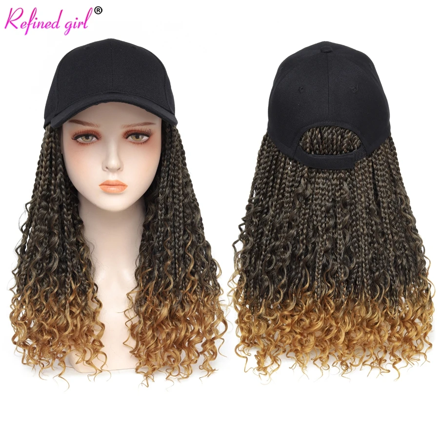 Synthetic Wigs Boho Braids Hat Wig Baseball Cap with Curly Ends Knotless Box Braiding Hair For Black Woman Ombre Black Brown