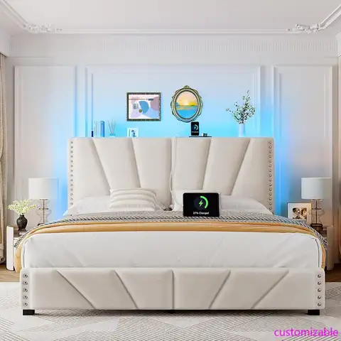 King Size Bed Frame with Velvet Headboard and LED Lights， Storage Headboard Platform Bed with Charging Station