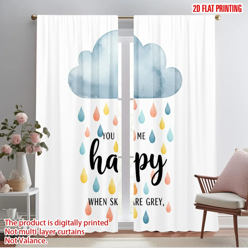 

2pcs 2D flat printing Curtains Rainy Day Happy Cloud 100% Polyester Without Electricity Seasonal Party & Holiday Decor Perfect