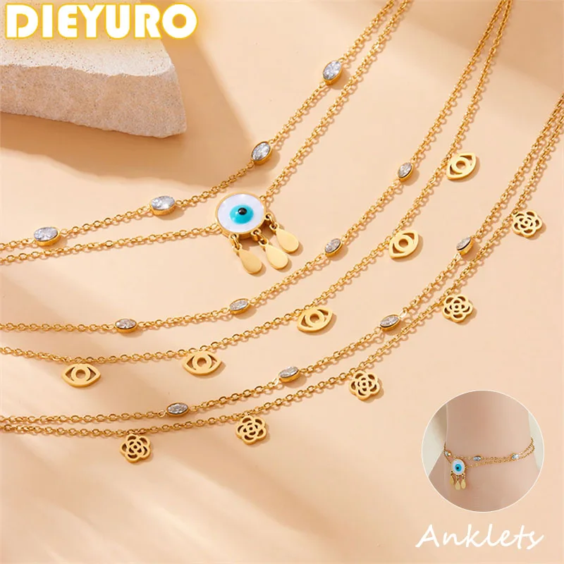 

DIEYURO 316L Stainless Steel Golden The Devil's Eye Double Layer Pendant Anklet Flower Fashion Foot Chain Jewelry Glamorous Gift